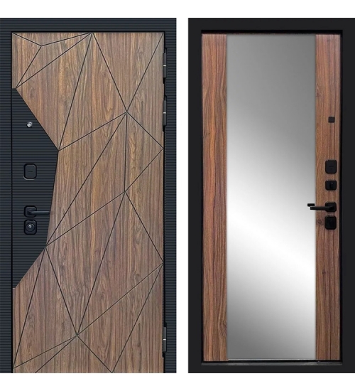 Межкомнатная окрашенная дверь Морра 3К с зеркалом (Черный кварц + Орех каньон коньяк / Орех каньон коньяк)