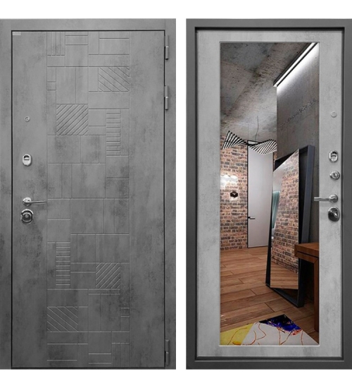 Межкомнатная окрашенная дверь Тетрис 3К с зеркалом (Бетон тёмный / Бетон светлый)